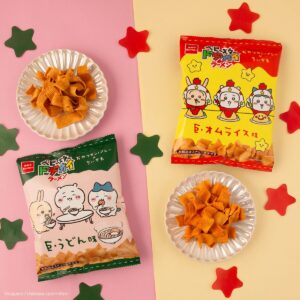 「ちいかわ」とベビースターがコラボ 巨大オムライスとうどん味登場