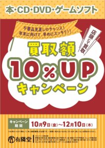 有隣堂の12店舗で買取金額10%UPキャンペーンを10月9日から実施へ