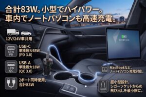 【車内でもノートPCを急速充電】合計83W出力に対応！12V車・24V車で使えるコンパクトな車載用PD充電器「ACPD-V083AC」シリーズを10月14日より発売開始