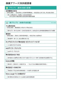 林野庁、森業アワード2026の受賞者を決定 表彰式は令和8年10月29日に開催へ