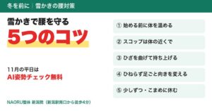 NAORU整体新潟院が雪かきで腰を守るコツを公開 11月には無料AI姿勢チェックも