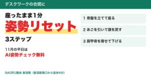 NAORU整体 新潟院が1分姿勢ケア紹介 11月平日に無料AI姿勢チェックへ