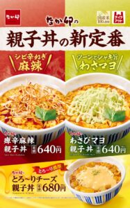 なか卯、痺辛麻辣親子丼とわさびマヨ親子丼を10月28日に発売へ