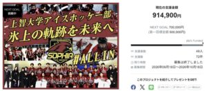 上智大学体育会アイスホッケー部CF、達成率182％の914,900円で終了