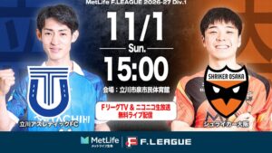 メットライフ生命Fリーグ第17節の立川対大阪戦をニコニコ生放送などで無料配信へ